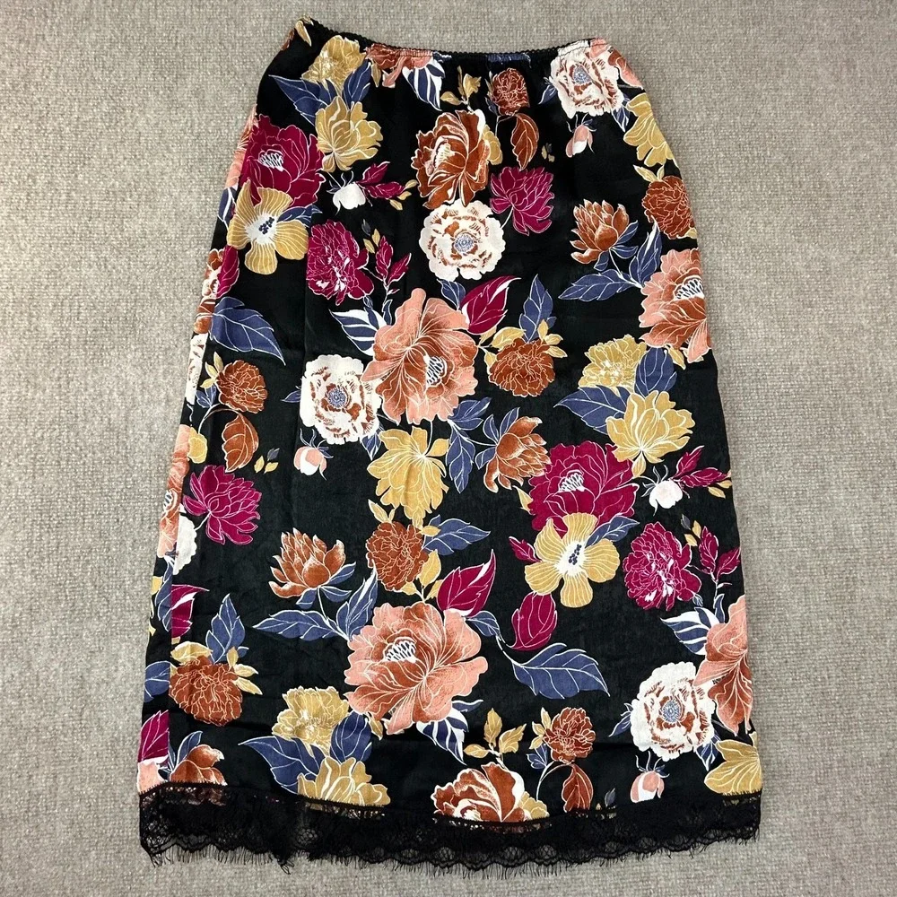 Band Of The Free Lilou Midi Skirt Womens Small Black Floral Lace Slip Front Slit